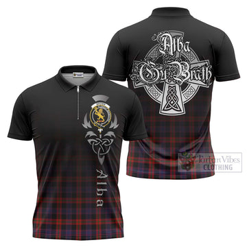 Tartan Vibes Clothing Brown (Broun) Tartan Zipper Polo Shirt Featuring Alba Gu Brath Family Crest Celtic Inspired