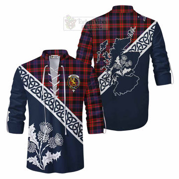 Tartan Vibes Clothing Brown (Broun) Tartan Ghillie Kilt Shirt Featuring Thistle and Scotland Map