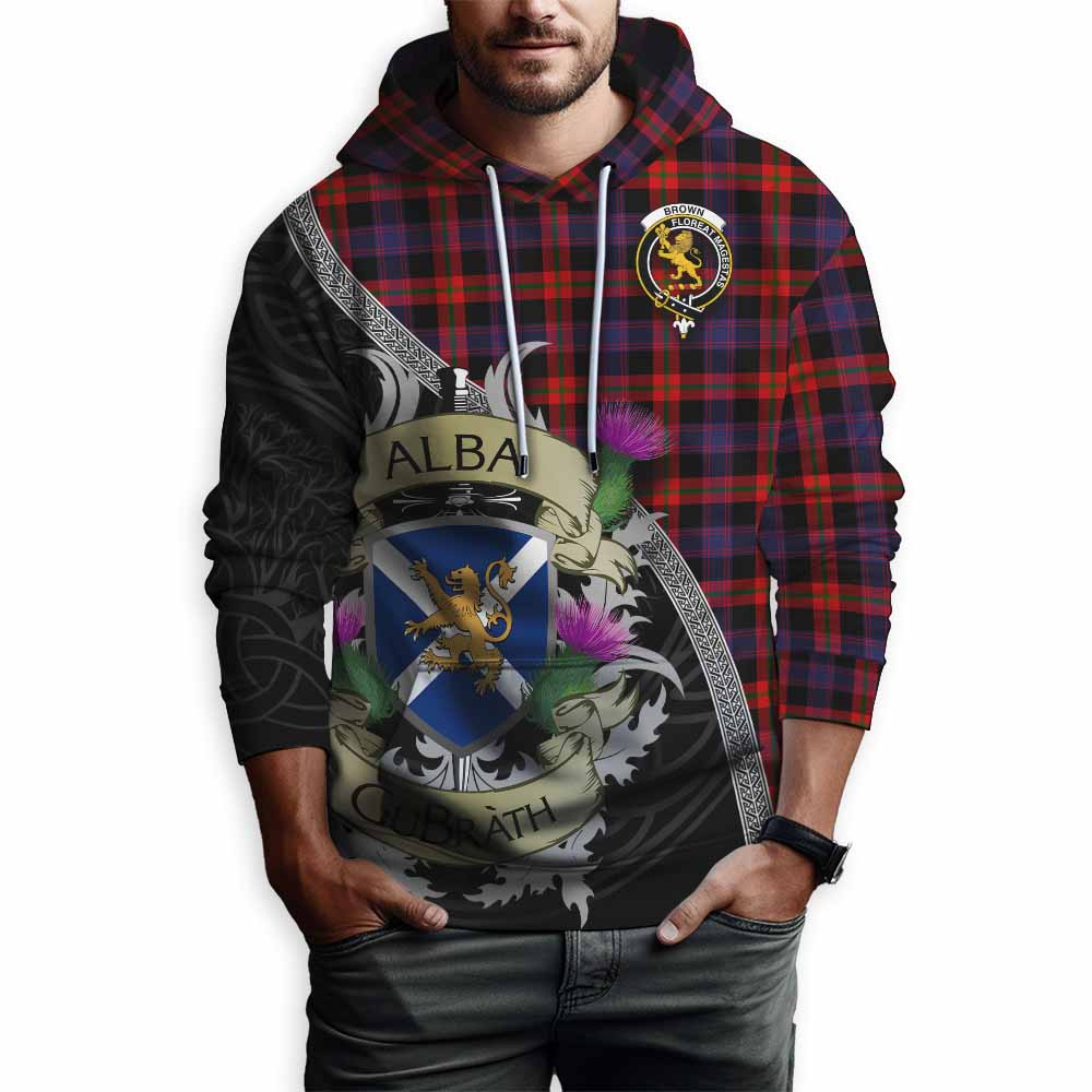 Tartan Vibes Clothing Brown (Broun) Tartan Family Crest Hoodie Lion Rampant Royal Thistle Shield Celtic Inspired