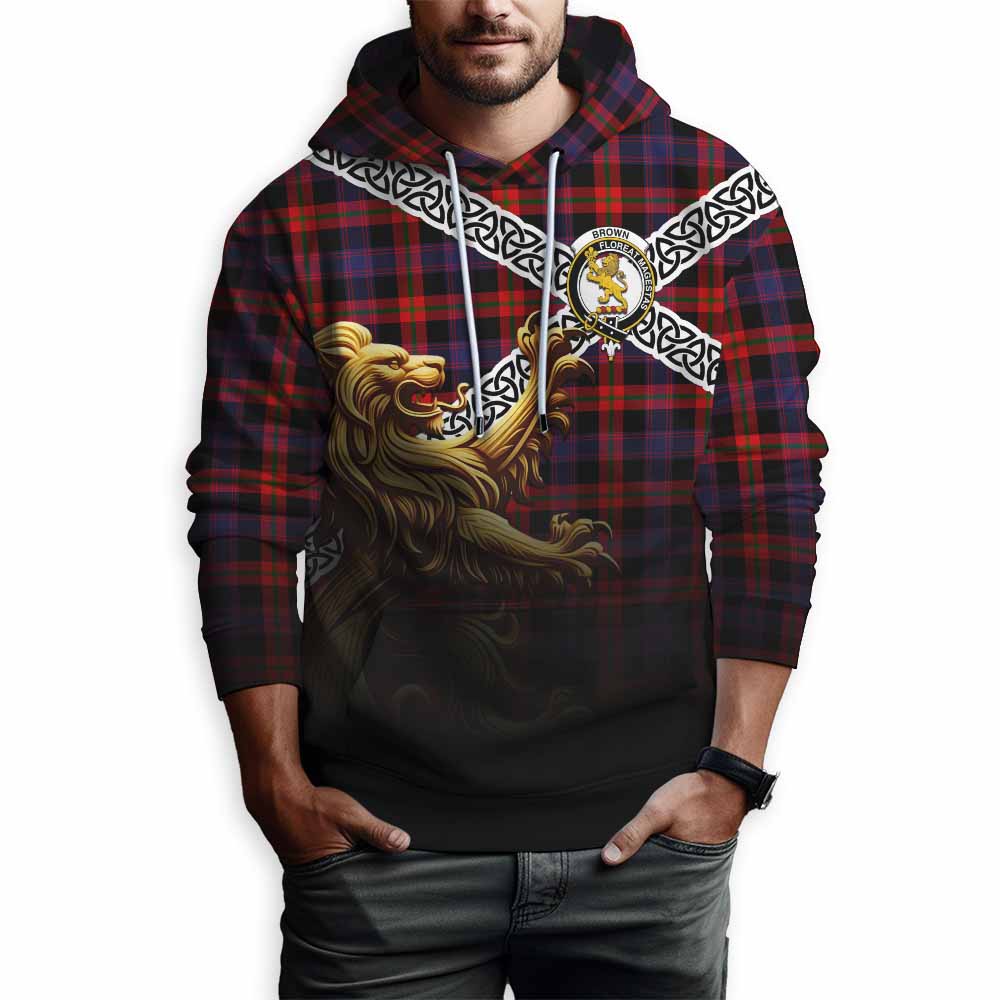 Tartan Vibes Clothing Brown (Broun) Crest Tartan Hoodie with Golden Lion Emblem Celtic Style