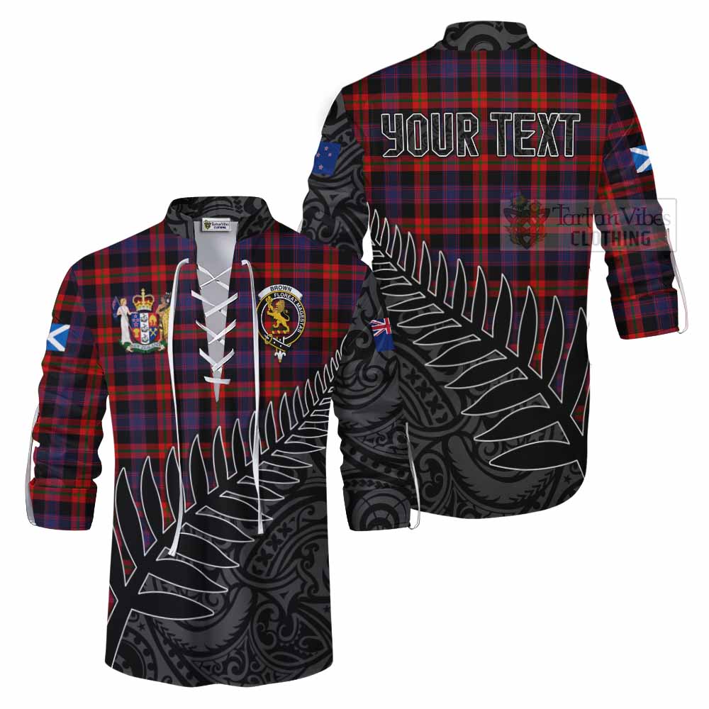 Tartan Vibes Clothing Brown (Broun) Crest Tartan Ghillie Kilt Shirt with New Zealand Silver Fern Half Style