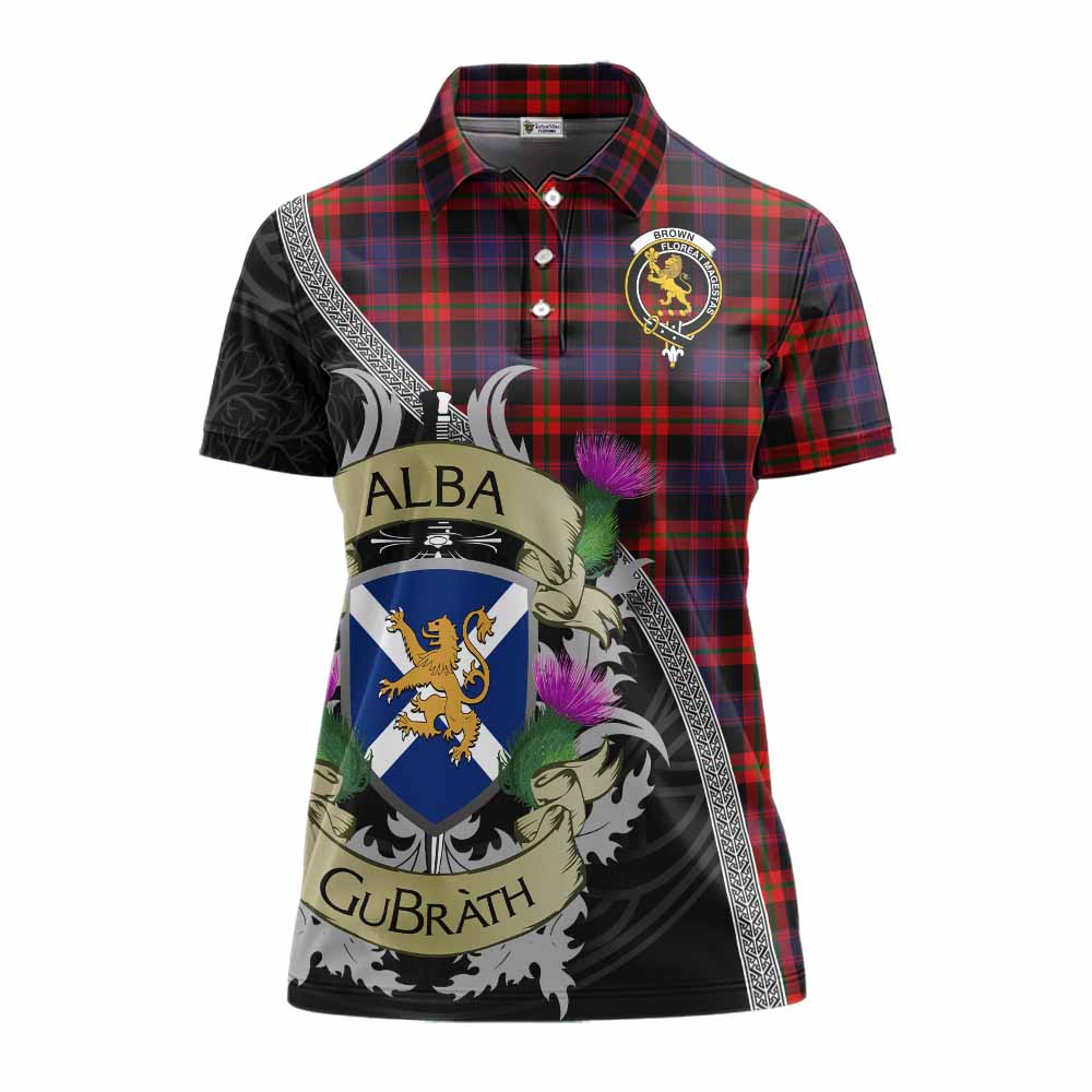 Tartan Vibes Clothing Brown (Broun) Tartan Family Crest Women's Polo Shirt Lion Rampant Royal Thistle Shield Celtic Inspired
