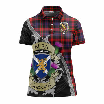 Tartan Vibes Clothing Brown (Broun) Tartan Family Crest Women's Polo Shirt Lion Rampant Royal Thistle Shield Celtic Inspired