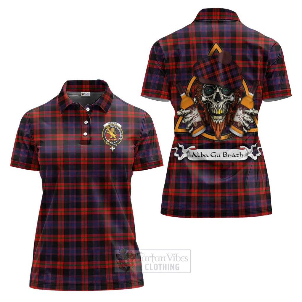 Tartan Vibes Clothing Brown (Broun) Tartan Women's Polo Shirt with Family Crest and Bearded Skull Holding Bottles of Whiskey