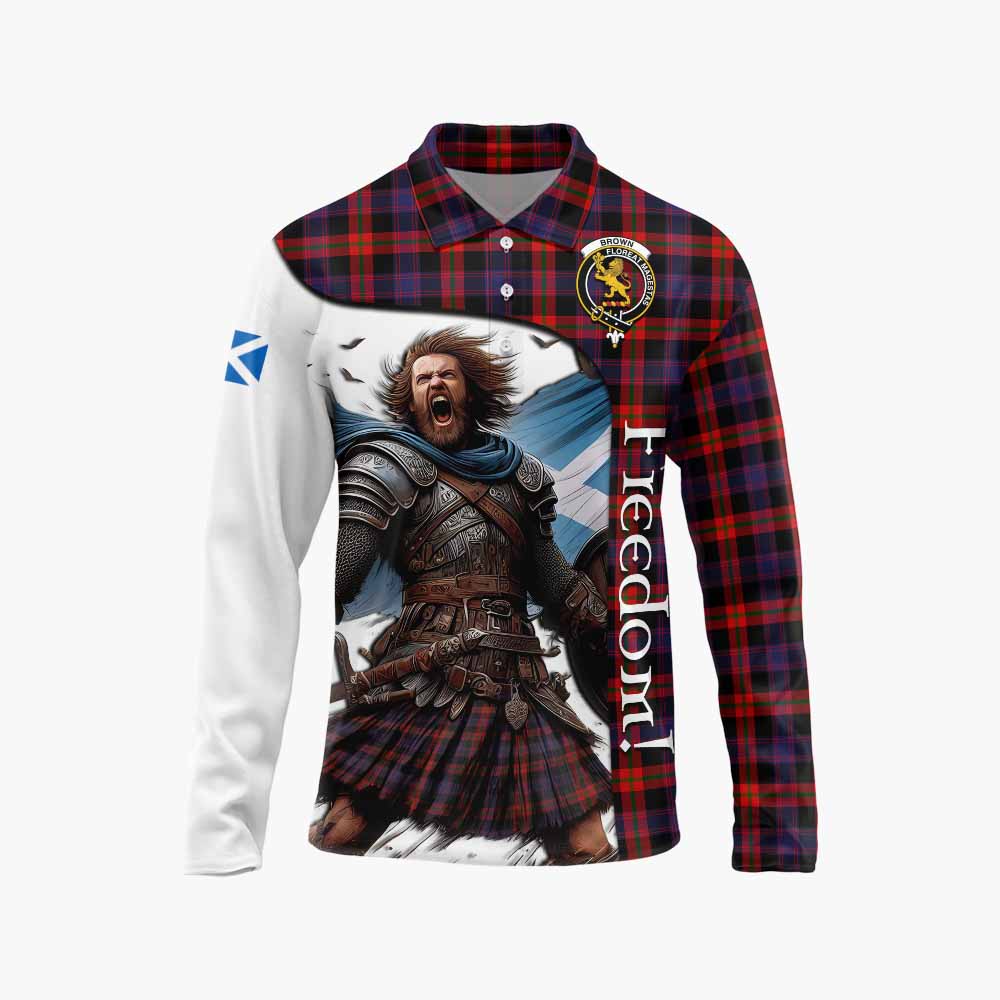 Tartan Vibes Clothing Brown (Broun) Crest Tartan Long Sleeve Polo Shirt Inspired by the Freedom of Scottish Warrior