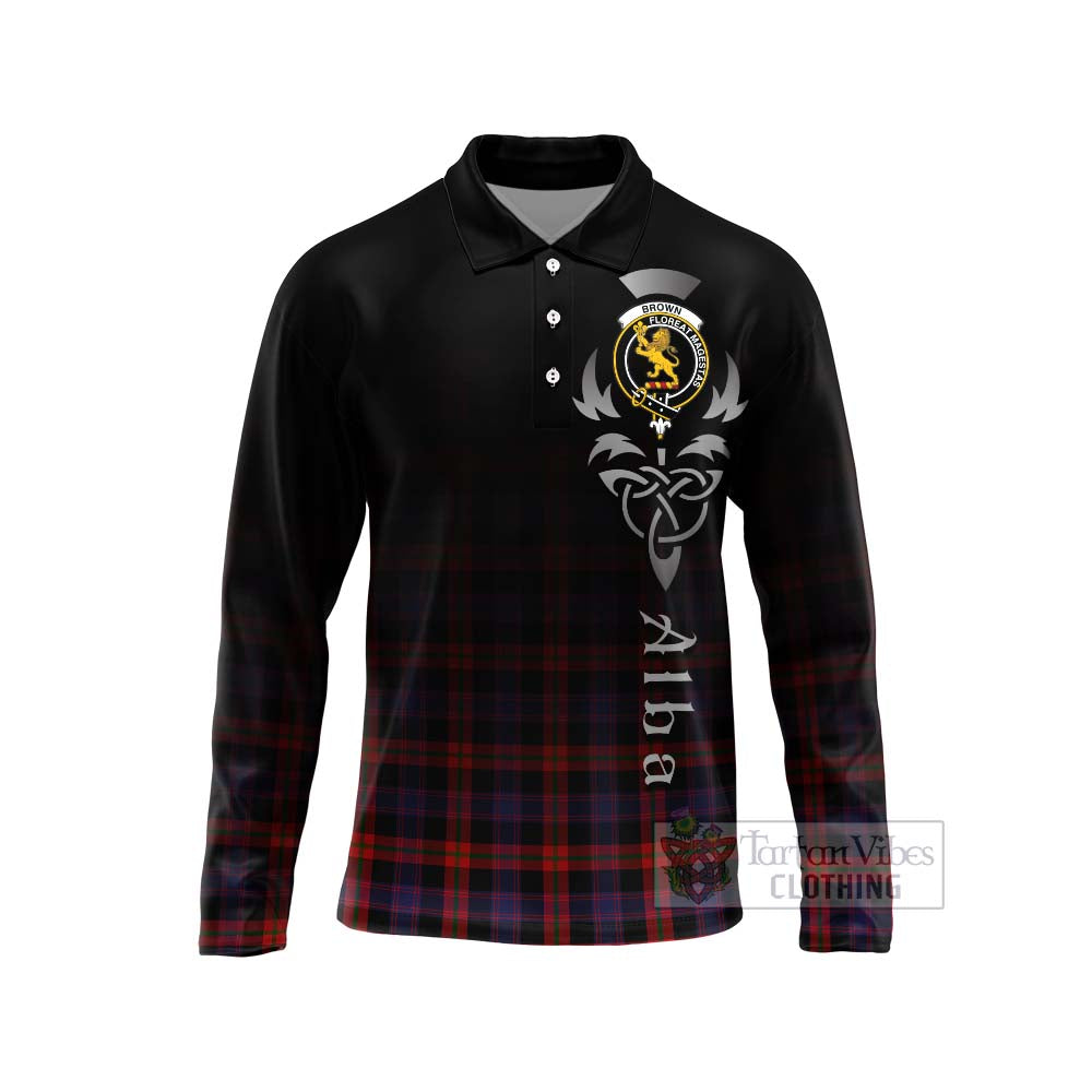 Tartan Vibes Clothing Brown (Broun) Tartan Long Sleeve Polo Shirt Featuring Alba Gu Brath Family Crest Celtic Inspired