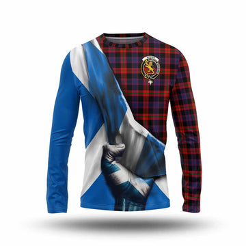 Tartan Vibes Clothing Brown (Broun) Tartan Long Sleeve T-Shirt with Family Crest Scotland Patriotic Style