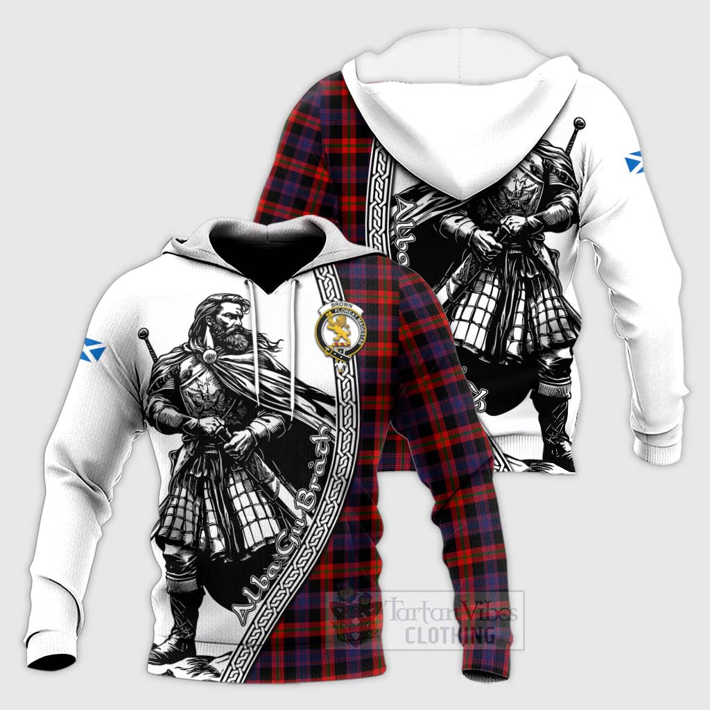 Brown (Broun) Tartan Clan Crest Knitted Hoodie with Highlander Warrior Celtic Style Unisex Knitted Pullover Hoodie - Tartan Vibes Clothing