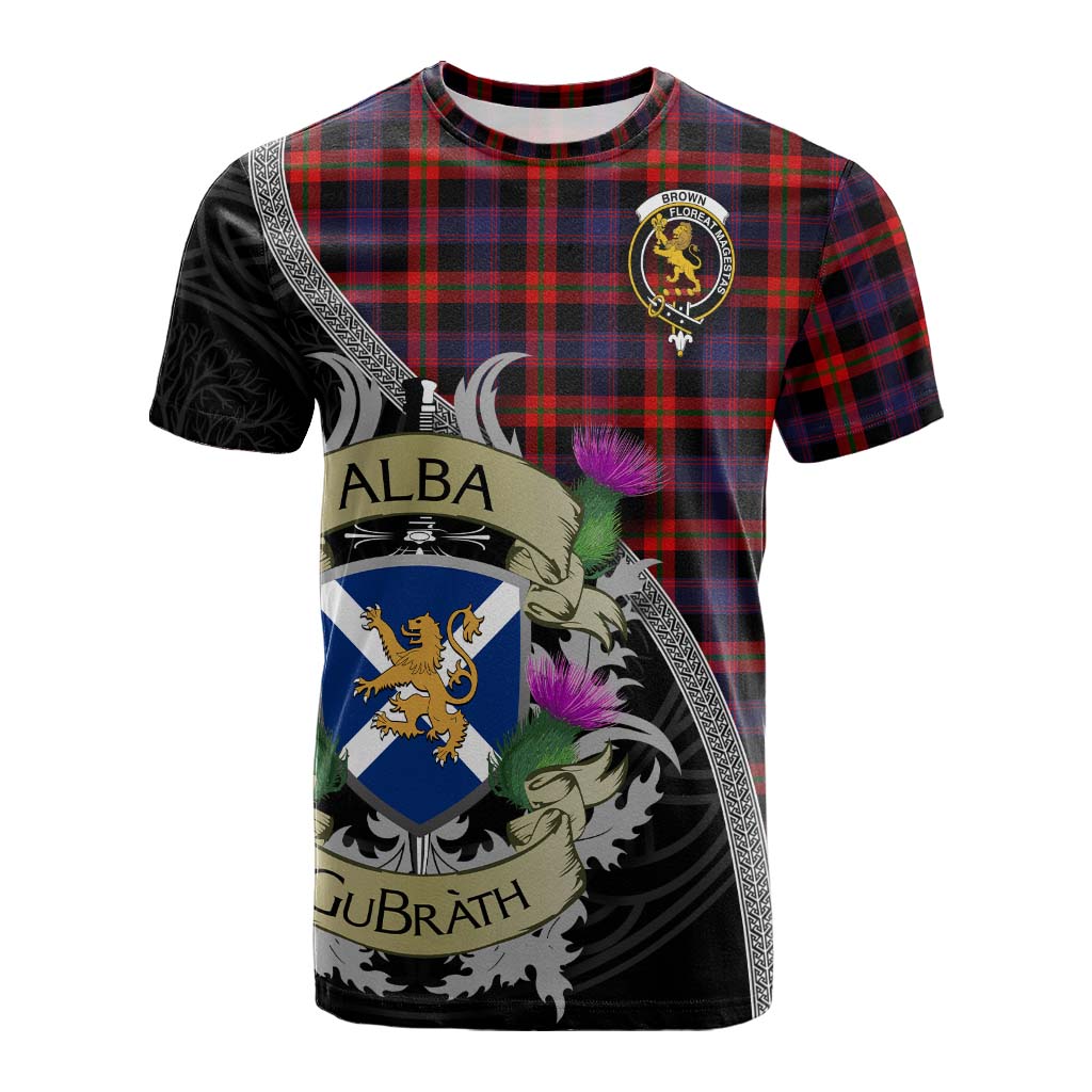 Tartan Vibes Clothing Brown (Broun) Tartan Family Crest Cotton T-shirt Lion Rampant Royal Thistle Shield Celtic Inspired
