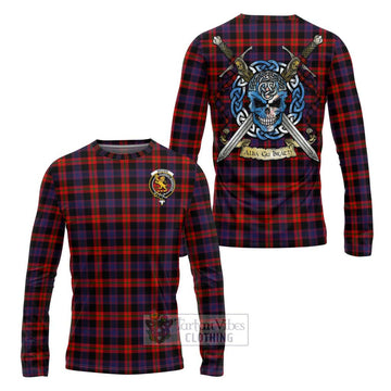 Tartan Vibes Clothing Brown (Broun) Tartan Long Sleeve T-Shirt with Family Crest Celtic Skull Style