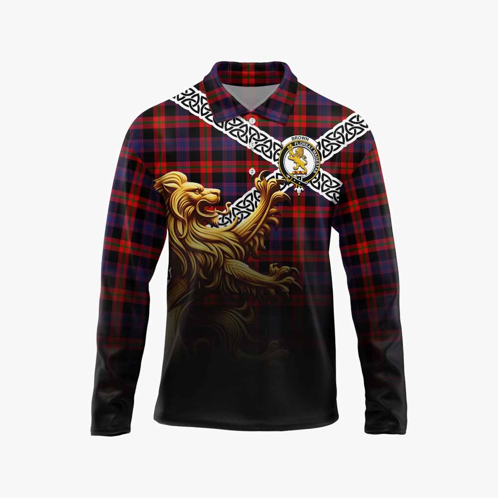 Tartan Vibes Clothing Brown (Broun) Crest Tartan Long Sleeve Polo Shirt with Golden Lion Emblem Celtic Style