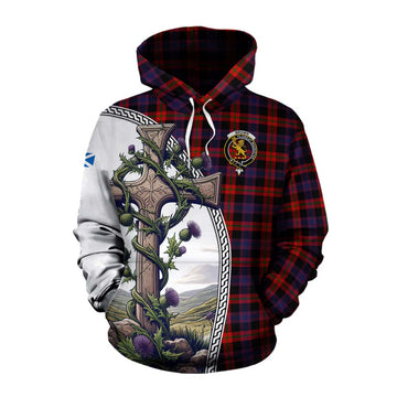 Tartan Vibes Clothing Brown (Broun) Tartan Cotton Hoodie with Family Crest and St. Andrew's Cross Accented by Thistle Vines