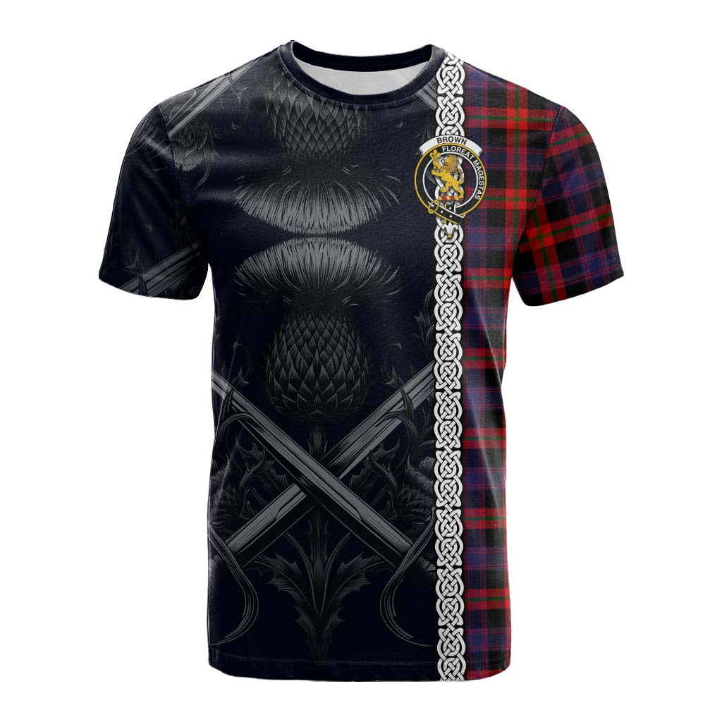 Tartan Vibes Clothing Brown (Broun) Tartan Cotton T-shirt with Family Crest Cross Sword Thistle Celtic Vibes