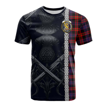 Tartan Vibes Clothing Brown (Broun) Tartan Cotton T-shirt with Family Crest Cross Sword Thistle Celtic Vibes