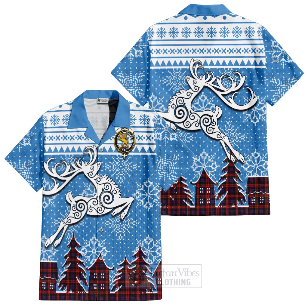 Tartan Vibes Clothing Brown (Broun) Clan Christmas Short Sleeve Button Shirt Celtic Reindeer Style