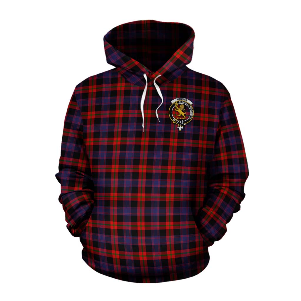 Tartan Vibes Clothing Brown (Broun) Tartan Cotton Hoodie with Family Crest and Bearded Skull Holding Bottles of Whiskey