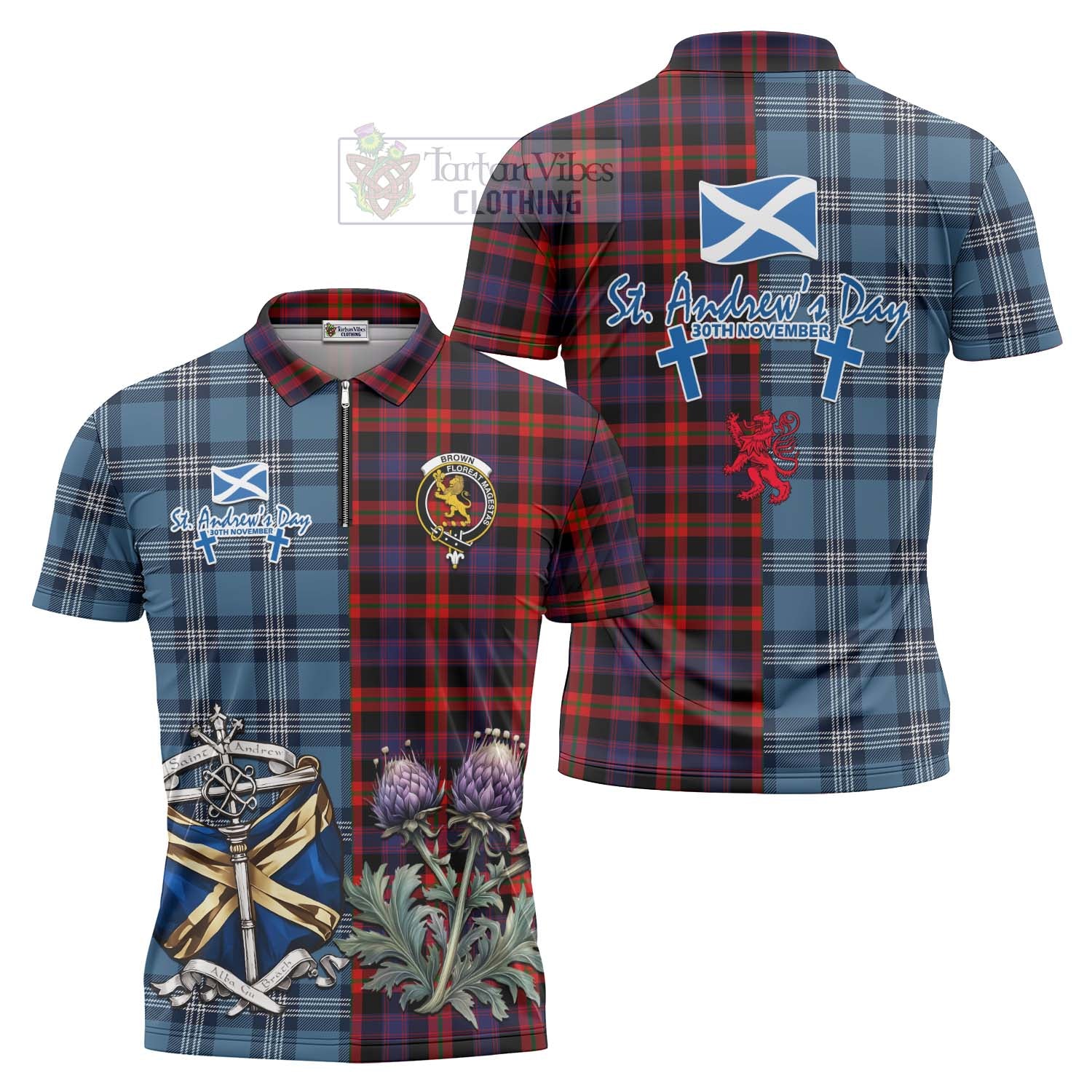 Tartan Vibes Clothing Brown (Broun) Tartan Zipper Polo Shirt Happy St. Andrew's Day Half Tartan Style