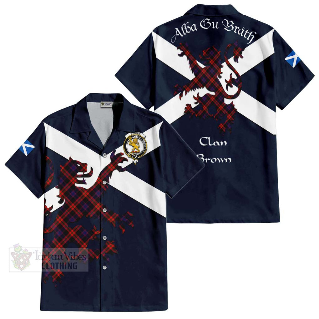 Tartan Vibes Clothing Brown (Broun) Tartan Lion Rampant Short Sleeve Button Shirt – Proudly Display Your Heritage with Alba Gu Brath and Clan Name