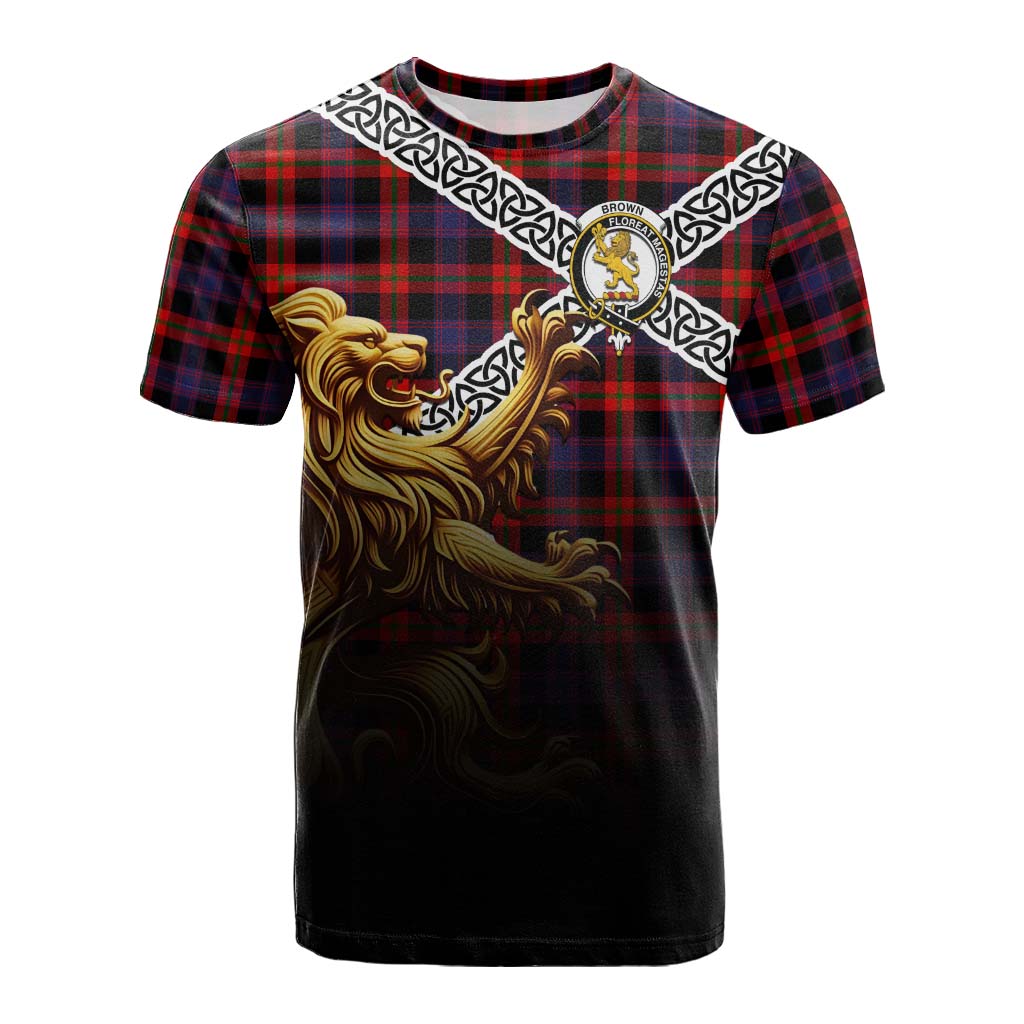 Tartan Vibes Clothing Brown (Broun) Crest Tartan Cotton T-shirt with Golden Lion Emblem Celtic Style