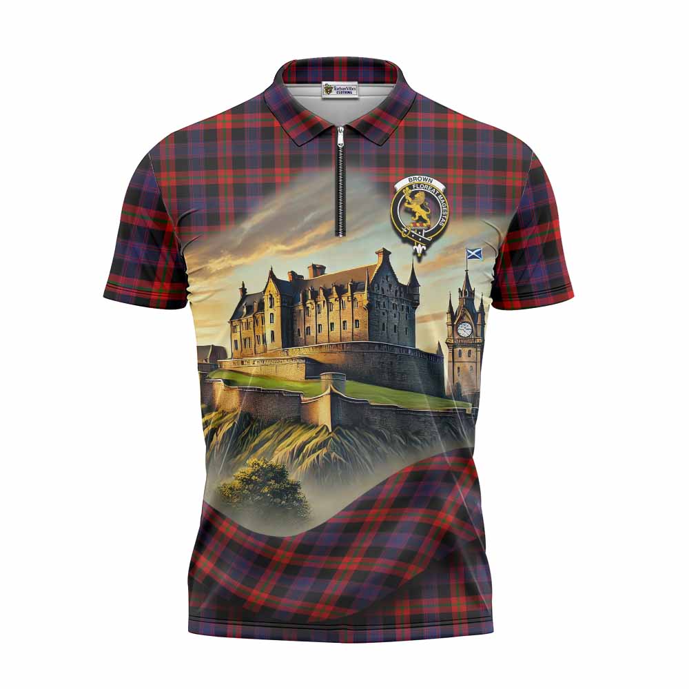 Tartan Vibes Clothing Brown (Broun) Tartan Family Crest Zipper Polo Shirt with Scottish Ancient Castle Stype