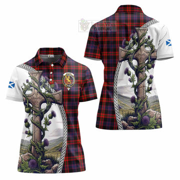 Tartan Vibes Clothing Brown (Broun) Tartan Women's Polo Shirt with Family Crest and St. Andrew's Cross Accented by Thistle Vines