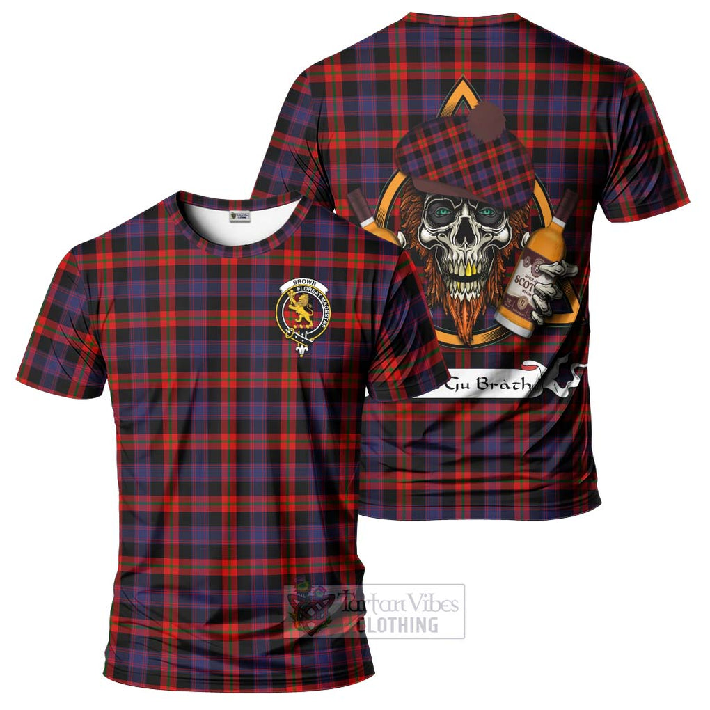Tartan Vibes Clothing Brown (Broun) Tartan T-Shirt with Family Crest and Bearded Skull Holding Bottles of Whiskey