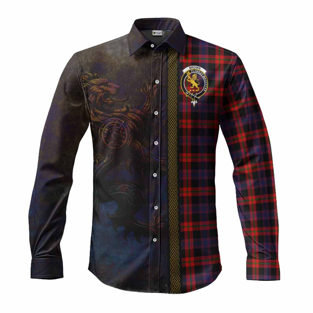 Tartan Vibes Clothing Brown (Broun) Tartan Family Crest Long Sleeve Button Shirt Alba Gu Brath Be Brave Lion Ancient Style
