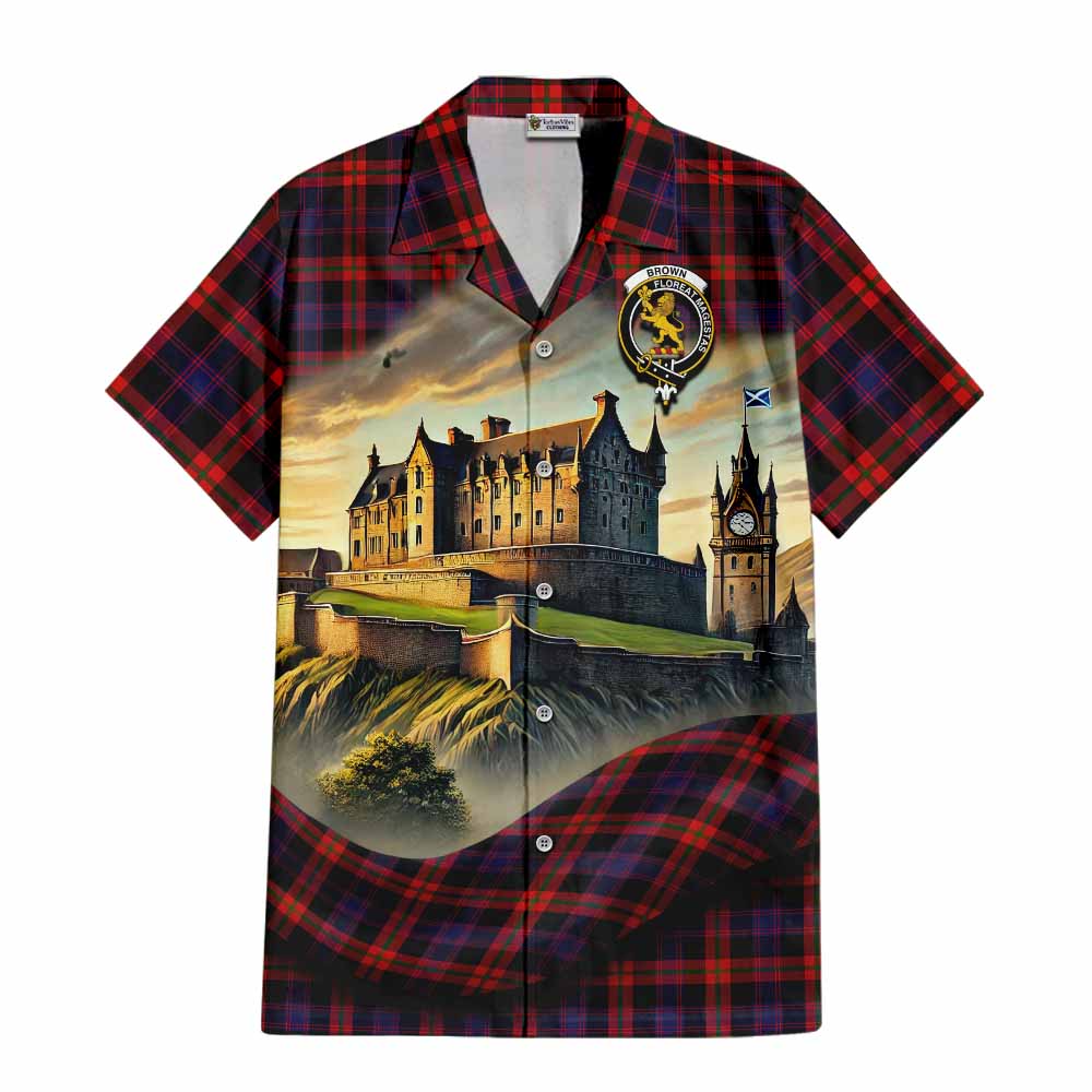 Tartan Vibes Clothing Brown (Broun) Tartan Family Crest Short Sleeve Button Shirt with Scottish Ancient Castle Style