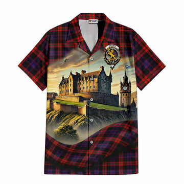 Tartan Vibes Clothing Brown (Broun) Tartan Family Crest Short Sleeve Button Shirt with Scottish Ancient Castle Style