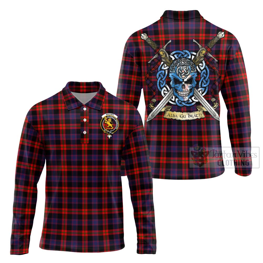 Tartan Vibes Clothing Brown (Broun) Tartan Long Sleeve Polo Shirt with Family Crest Celtic Skull Style
