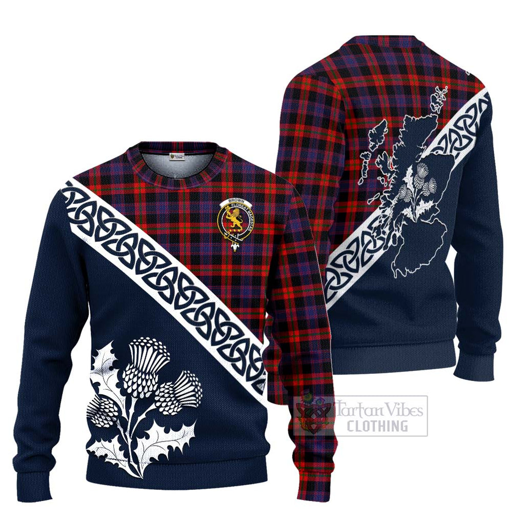 Tartan Vibes Clothing Brown (Broun) Tartan Knitted Sweater Featuring Thistle and Scotland Map