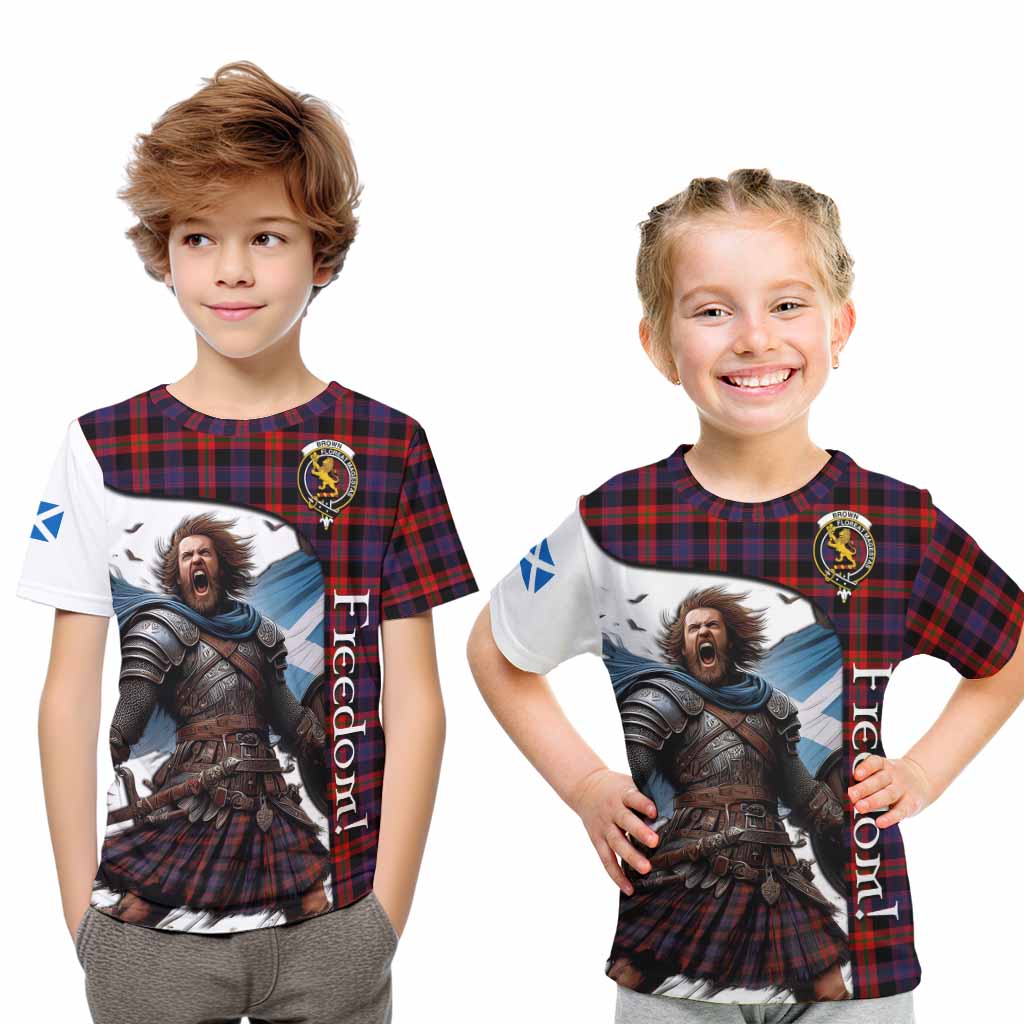 Tartan Vibes Clothing Brown (Broun) Crest Tartan Kid T-Shirt Inspired by the Freedom of Scottish Warrior