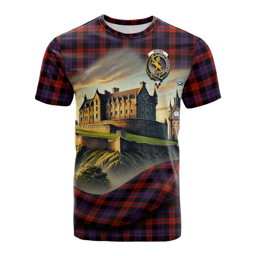 Tartan Vibes Clothing Brown (Broun) Tartan Family Crest Cotton T-shirt with Scottish Ancient Castle Style