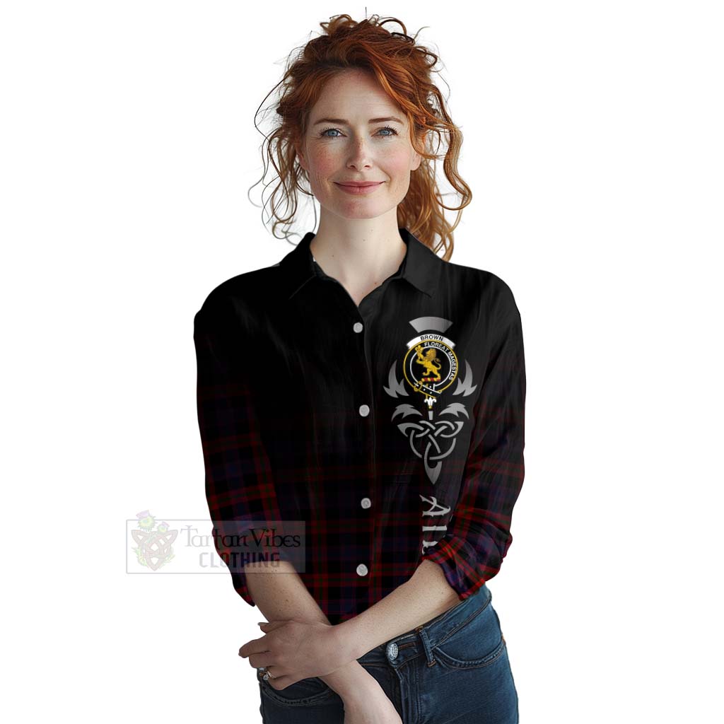 Tartan Vibes Clothing Brown (Broun) Tartan Women's Casual Shirt Featuring Alba Gu Brath Family Crest Celtic Inspired