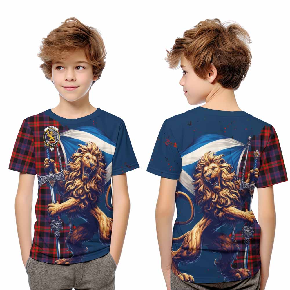 Tartan Vibes Clothing Brown (Broun) Tartan Family Crest Kid T-Shirt with Scottish Majestic Lion