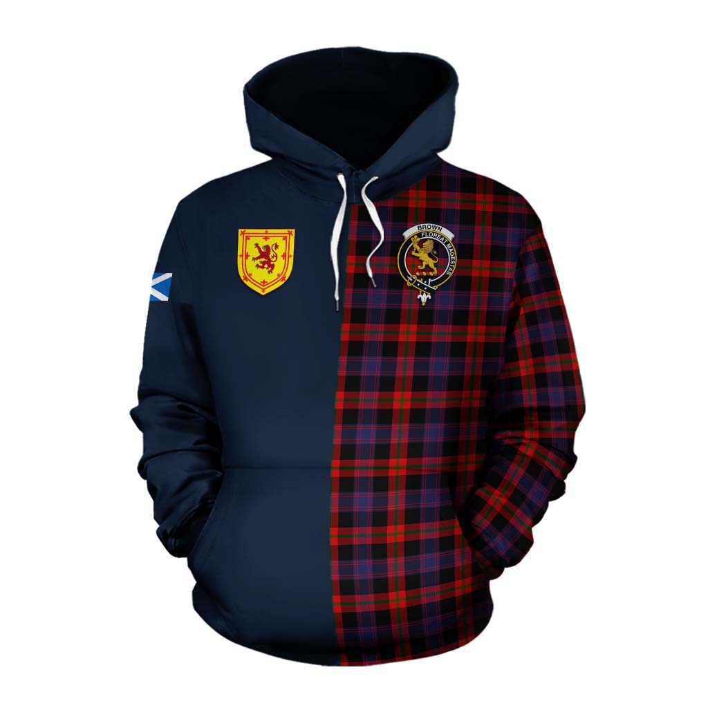 Tartan Vibes Clothing Brown (Broun) Tartan Cotton Hoodie Alba with Scottish Lion Royal Arm Half Style