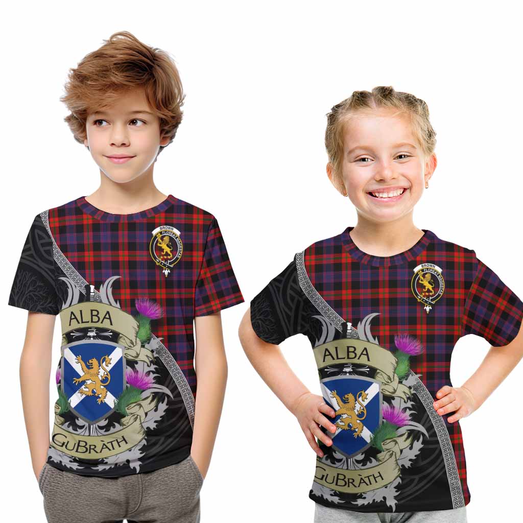 Tartan Vibes Clothing Brown (Broun) Tartan Family Crest Kid T-Shirt Lion Rampant Royal Thistle Shield Celtic Inspired