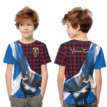Tartan Vibes Clothing Brown (Broun) Tartan Kid T-Shirt with Family Crest Scotland Patriotic Style