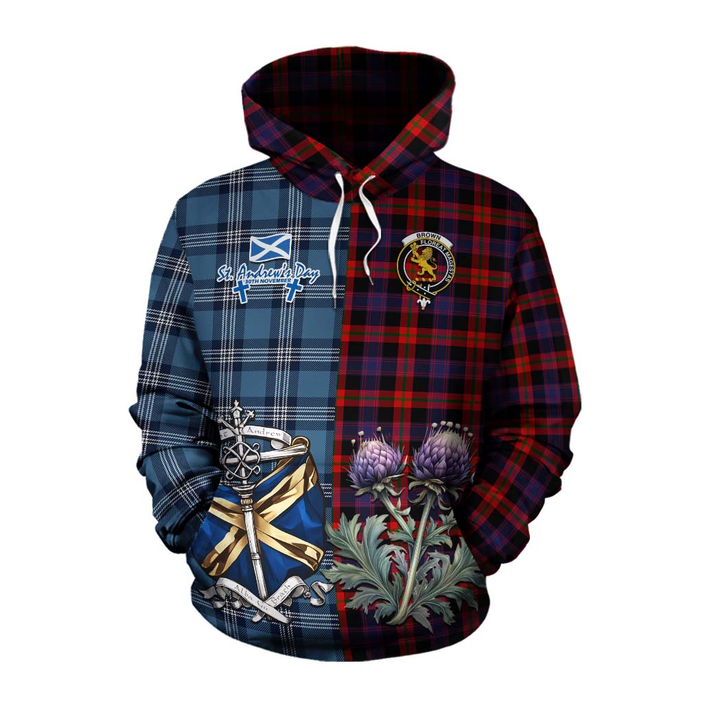 Tartan Vibes Clothing Brown (Broun) Tartan Cotton Hoodie Happy St. Andrew's Day Half Tartan Style