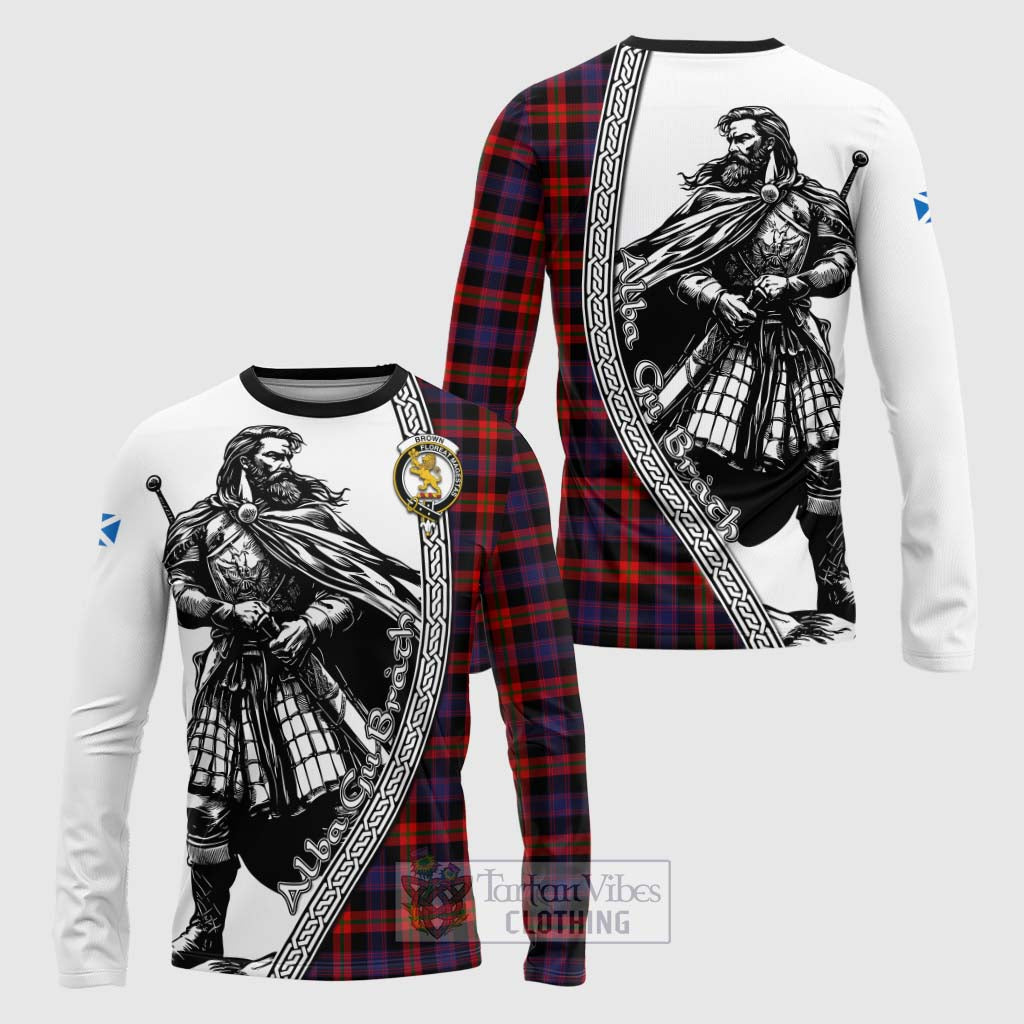 Tartan Vibes Clothing Brown (Broun) Tartan Clan Crest Long Sleeve T-Shirt with Highlander Warrior Celtic Style