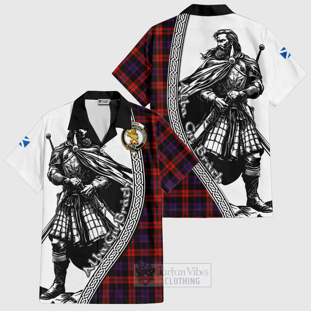 Tartan Vibes Clothing Brown (Broun) Tartan Clan Crest Short Sleeve Button Shirt with Highlander Warrior Celtic Style