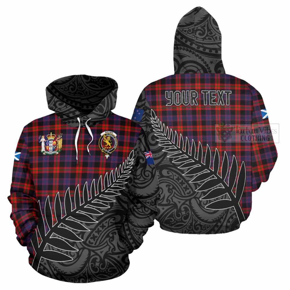 Tartan Vibes Clothing Brown (Broun) Crest Tartan Hoodie with New Zealand Silver Fern Half Style
