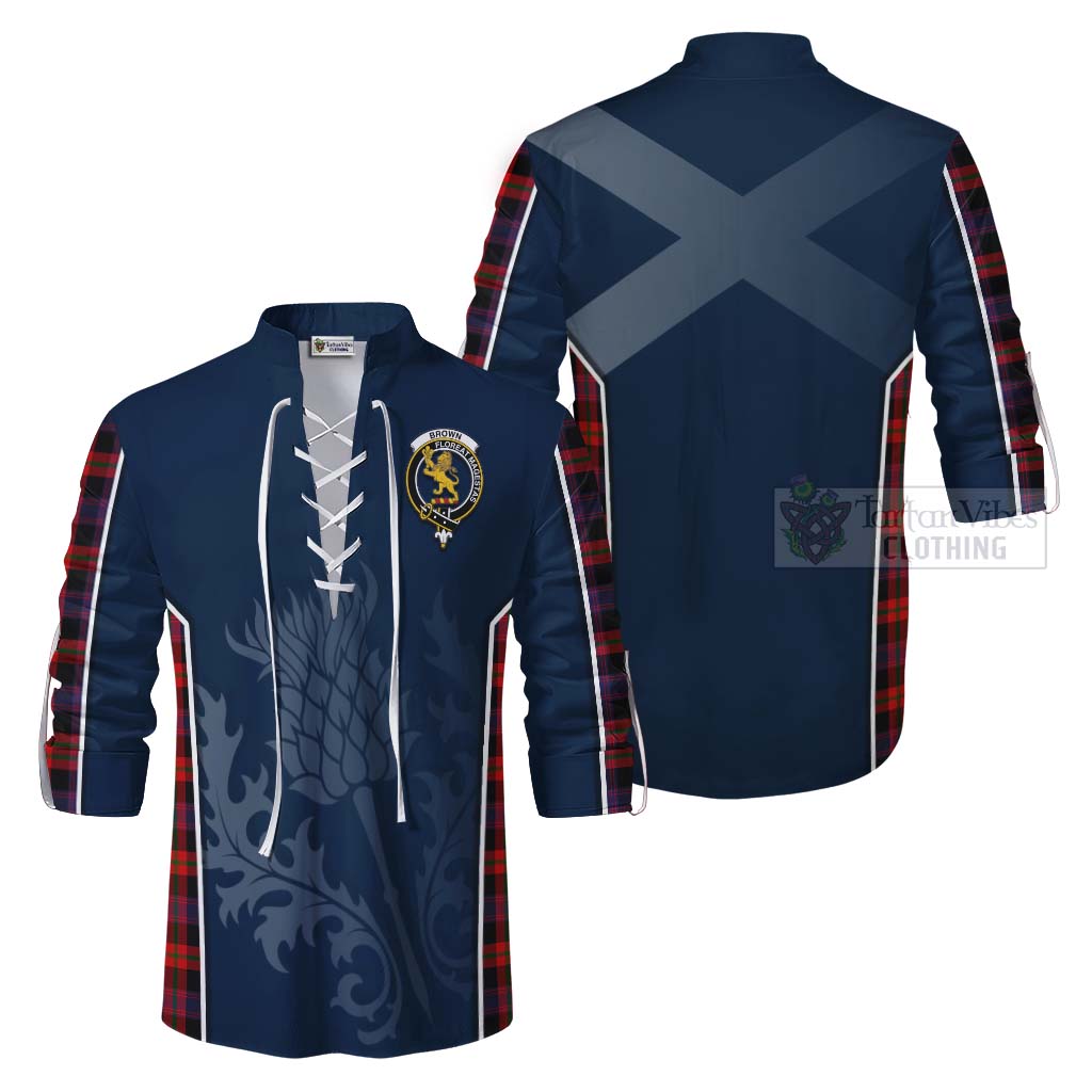 Tartan Vibes Clothing Brown (Broun) Tartan Ghillie Kilt Shirt with Family Crest and Scottish Thistle Vibes Sport Style