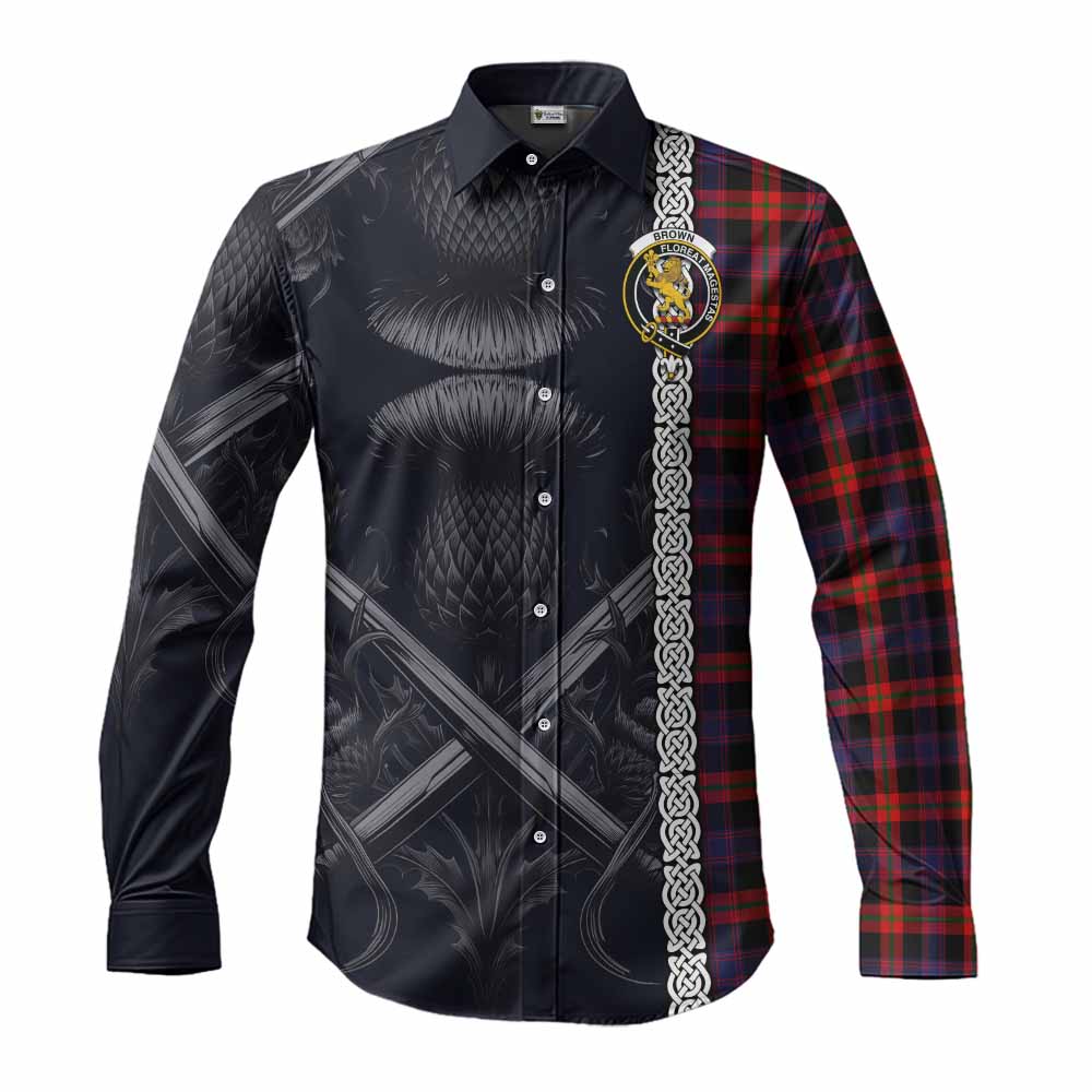 Tartan Vibes Clothing Brown (Broun) Tartan Long Sleeve Button Shirt with Family Crest Cross Sword Thistle Celtic Vibes