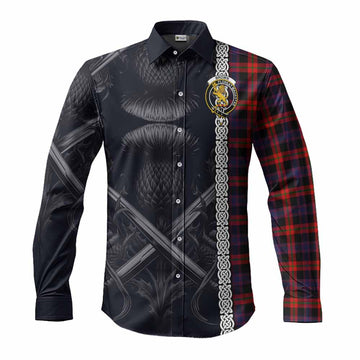 Tartan Vibes Clothing Brown (Broun) Tartan Long Sleeve Button Shirt with Family Crest Cross Sword Thistle Celtic Vibes
