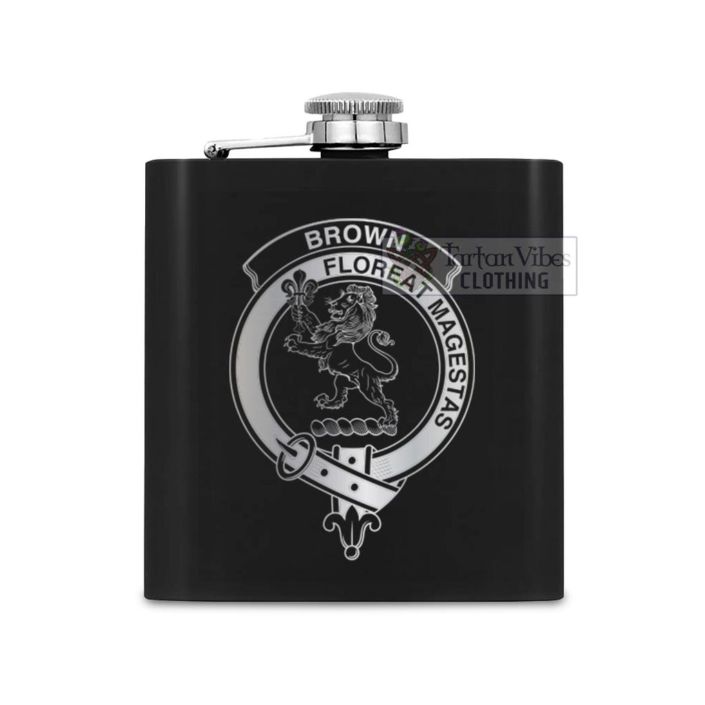 Tartan Vibes Clothing Brown (Broun) Crest Hip Flask Set 7oz Black Stainless Steel with A Gift Box