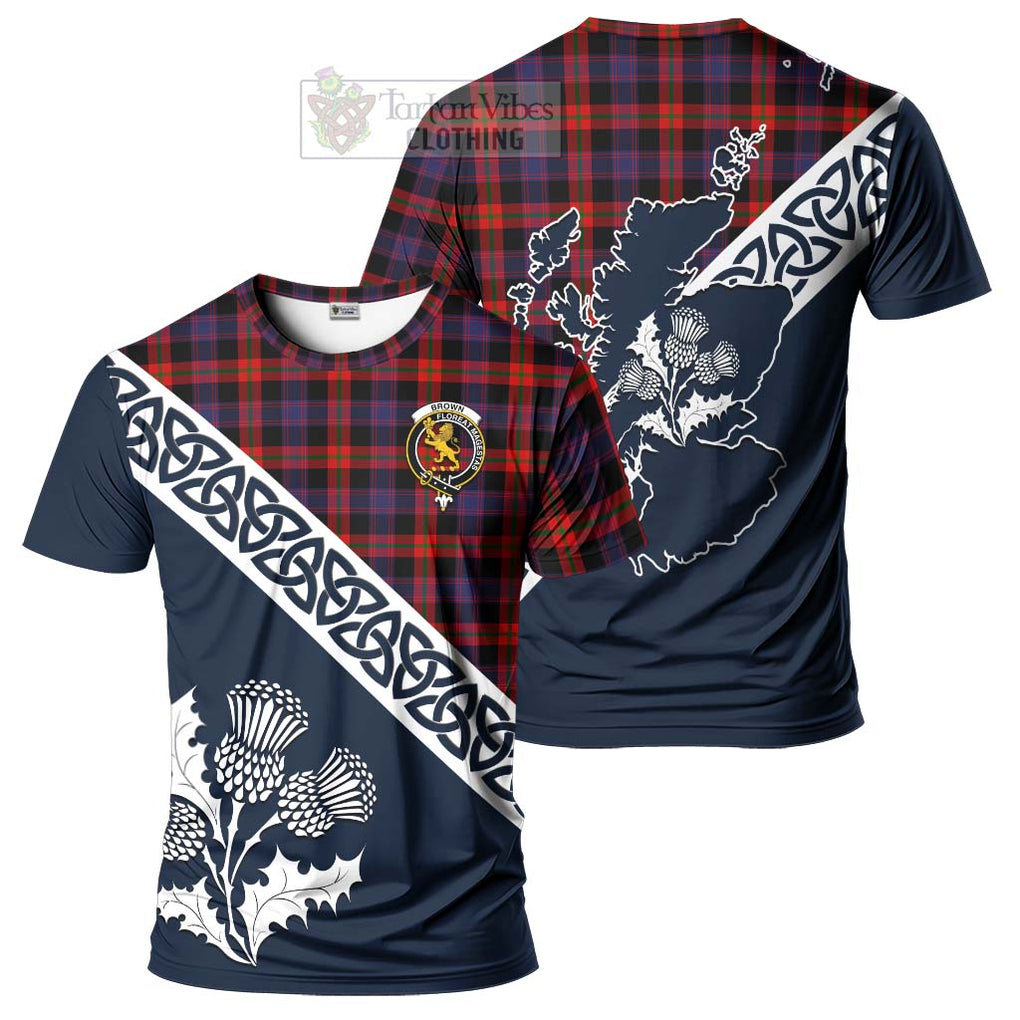 Brown (Broun) Tartan T-Shirt Featuring Thistle and Scotland Map