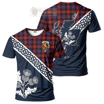 Brown (Broun) Tartan T-Shirt Featuring Thistle and Scotland Map
