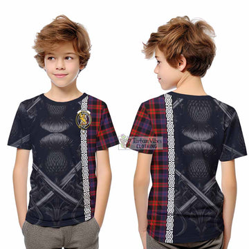 Tartan Vibes Clothing Brown (Broun) Tartan Kid T-Shirt with Family Crest Cross Sword Thistle Celtic Vibes