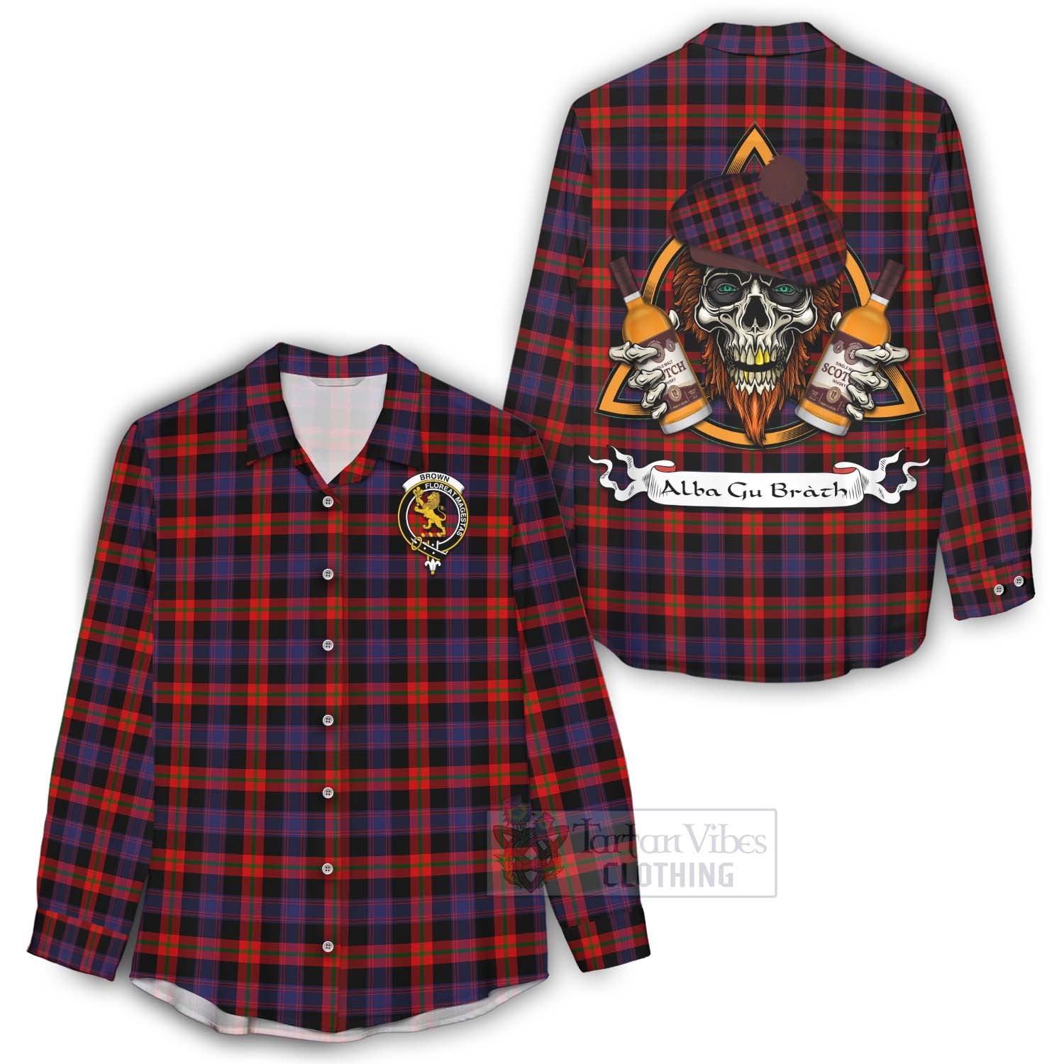 Tartan Vibes Clothing Brown (Broun) Tartan Women's Casual Shirt with Family Crest and Bearded Skull Holding Bottles of Whiskey